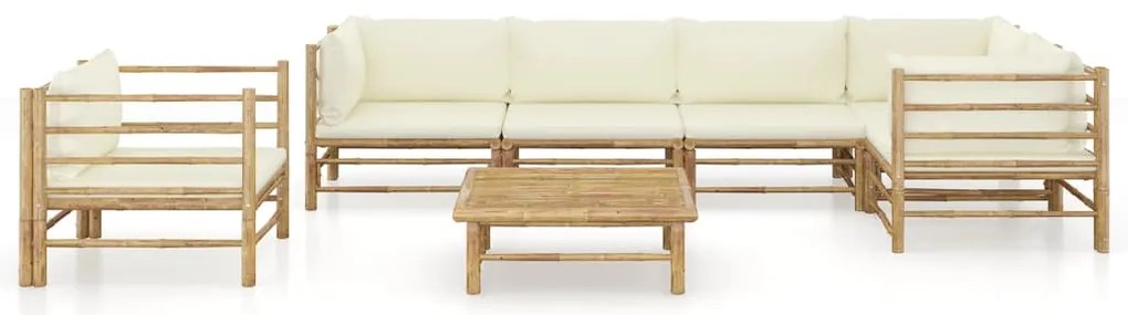 7 pcs conj. lounge p/ jardim em bambu c/ almofadões branco nata