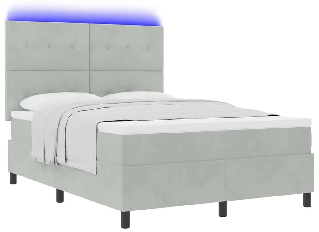 Cama Box Spring com Colchão e Luz LED Cinza Claro 140x190 cm Veludo