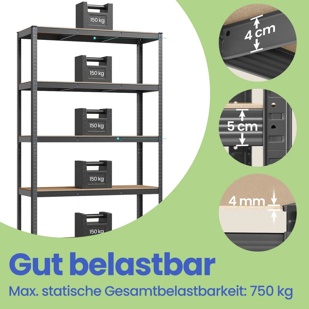 Estante de armazenamento para cargas pesadas de 60 x 120 x 200 cm cinzenta