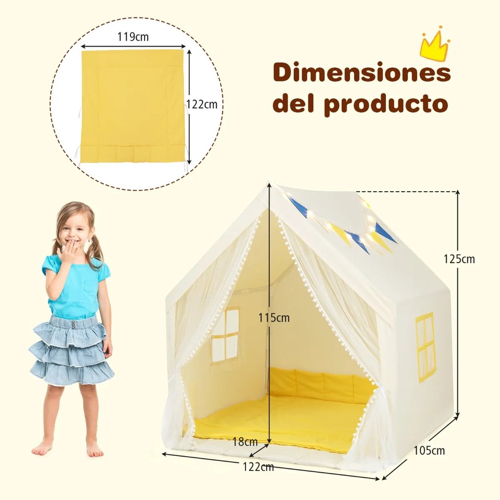 Tenda de brincar para crianças com tapete de algodão lavável Luzes de estrelas laváveis Janelas 122 x 105 x 125 cm Bege