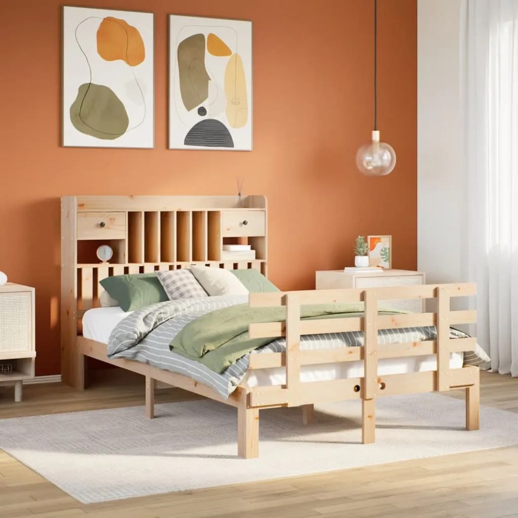 vidaXL Cama com estante sem colchão 135x190 cm pinho maciço
