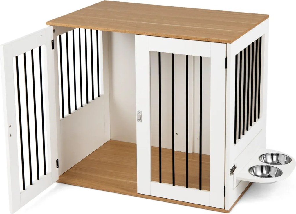 Gaiola para cães 80 x 55,5 x 71,5 cm com mesa auxiliar e comedouro giratório a 360°, portas com fechadura dupla e tigelas para animais de estimação de