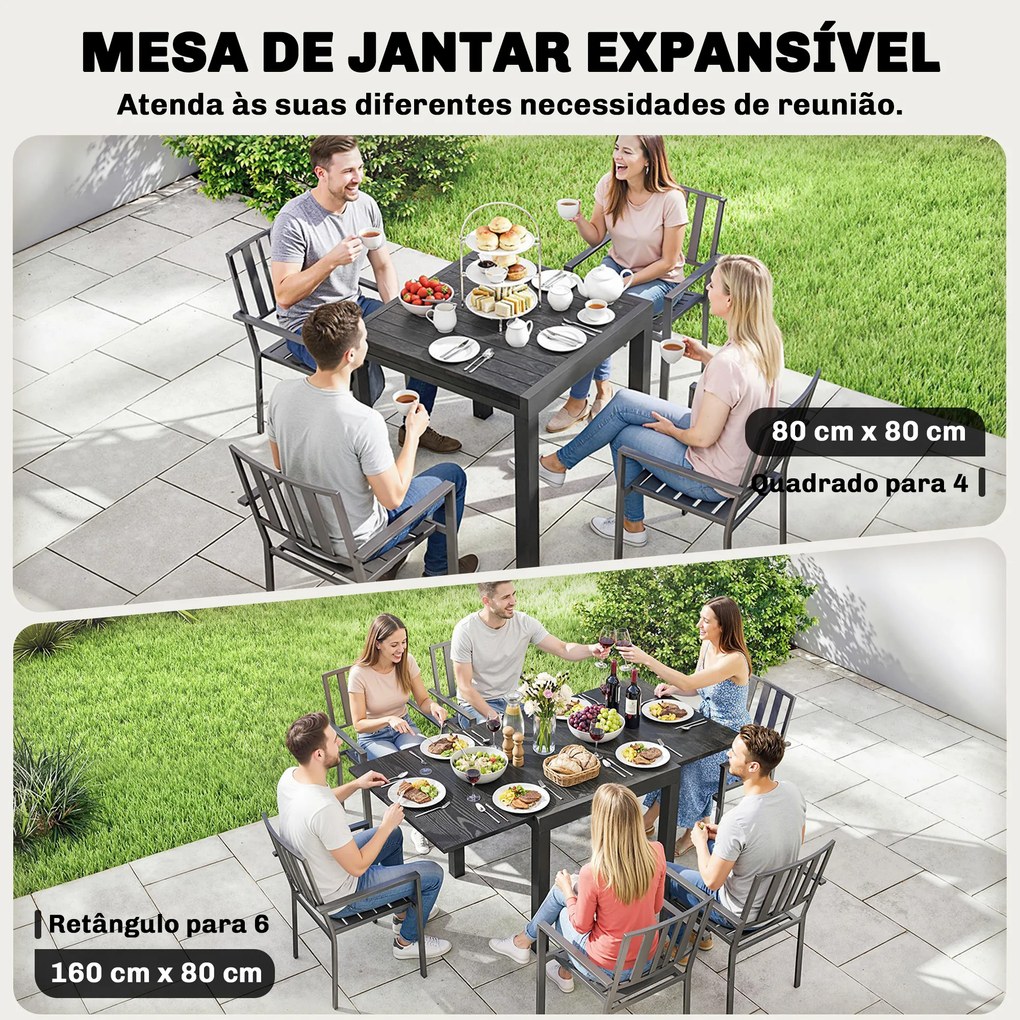 Mesa de Jantar Exterior Extensível 80/160 cm para 4-6 Pessoas de Alumínio com Tampo de Ripas Efeito Madeira Preto