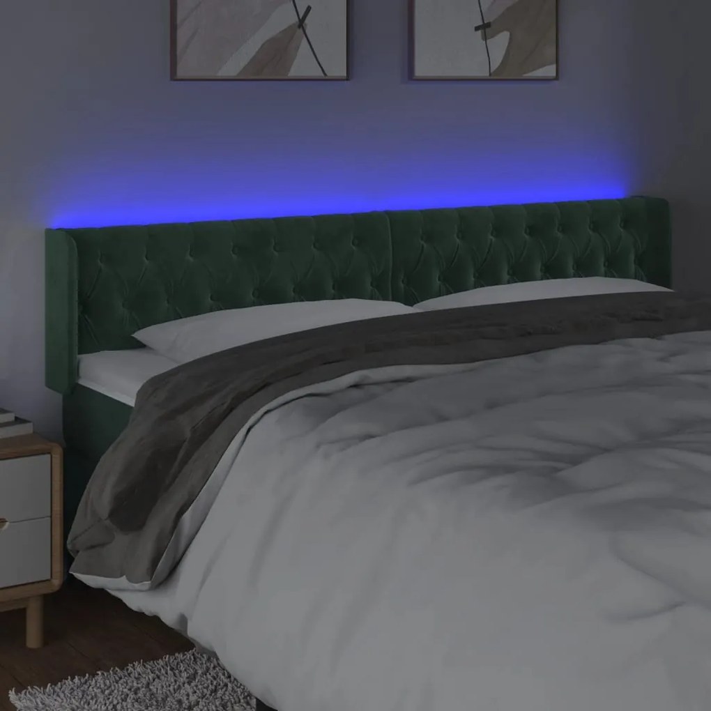 Cabeceira cama c/ luzes LED veludo 203x16x78/88 cm verde-escuro