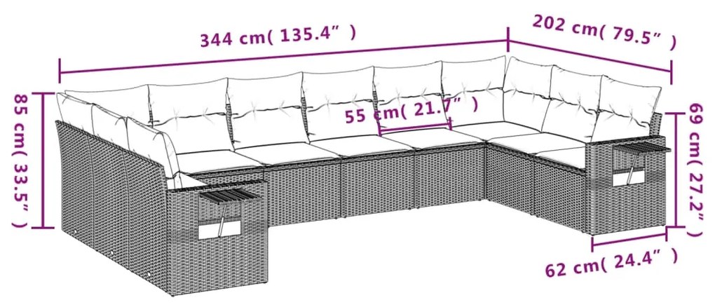 10 pcs conj. sofás jardim com almofadões vime PE cinzento-claro