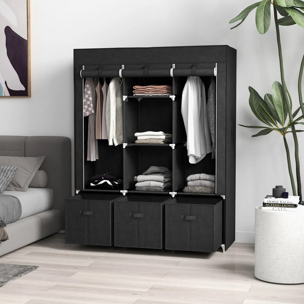 Guarda Roupa dobrável em tecido com 5 prateleiras, 2 varões e 3 gavetas em tecido 125 x 43 x 162,5 cm Preto