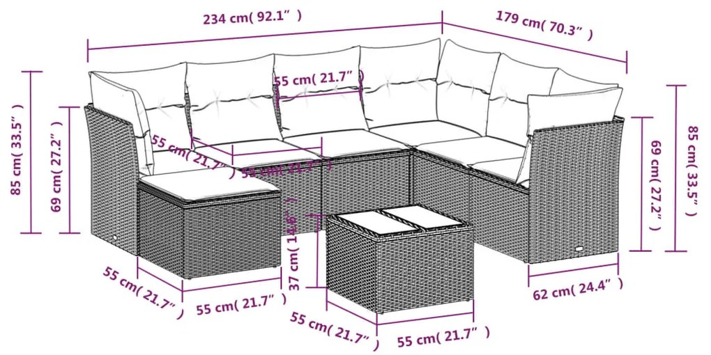 8 pcs conjunto sofás de jardim com almofadões vime PE preto