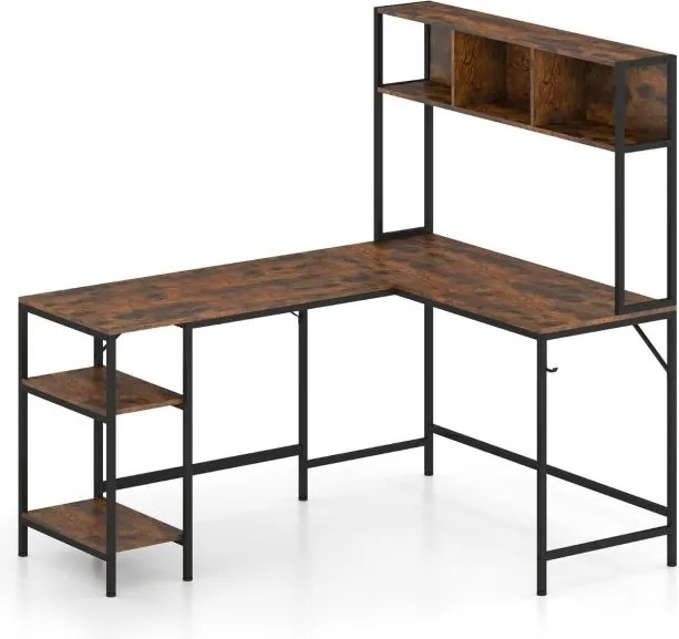 Secretária em forma de L  150 x 120 x 148 cm com compartimento de canto para computador com prateleiras e gancho para auscultadores com estante castan