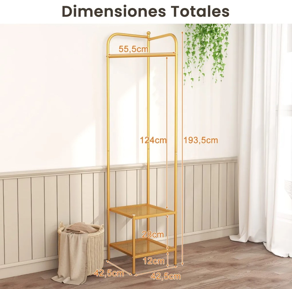 Guarda Roupa de canto 2 em 1  para roupa com gancho superior e 2 prateleiras Economia de espaço 42,5 x 42,5 x 193,5 cm Dourado