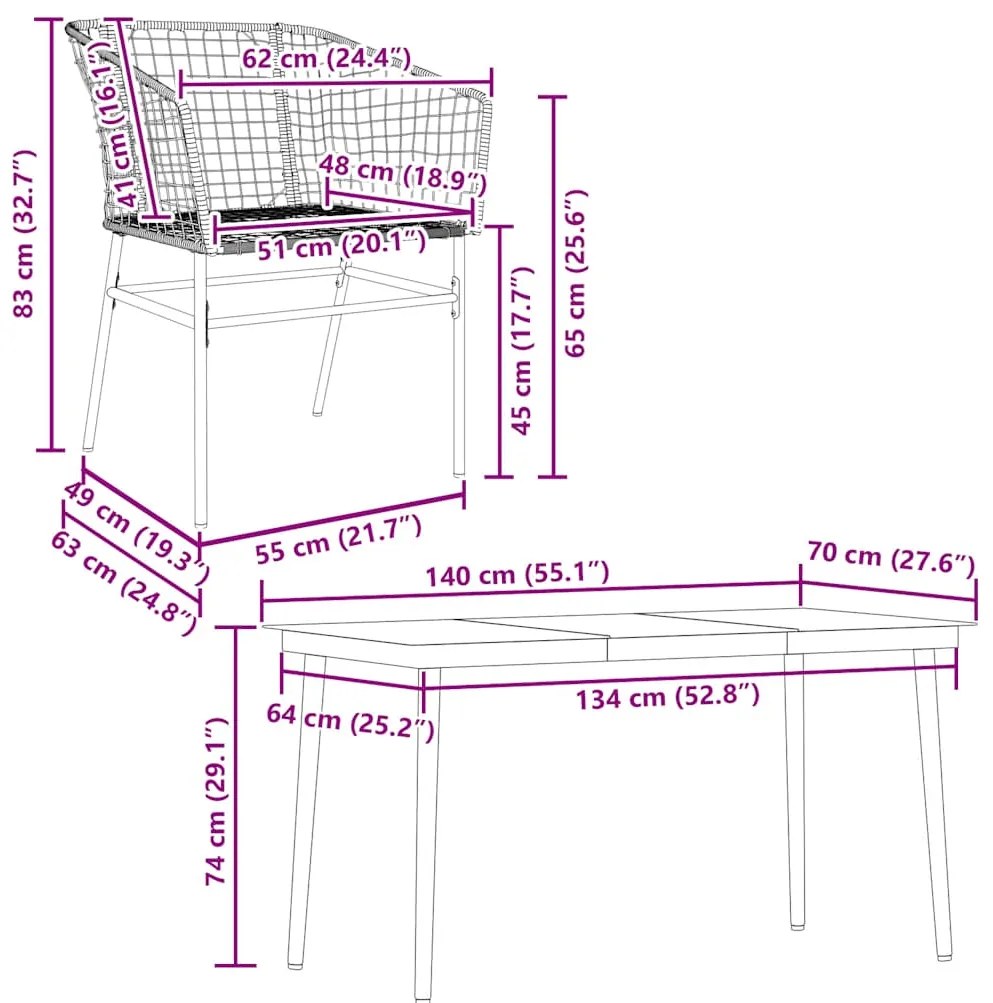 Conjunto jantar jardim 5 peças vidro vime PE castanho