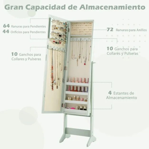 Armário para joias com espelho de corpo inteiro  35 x 30 x 144 cm e 3 ângulos ajustáveis Organizador de joias 2 em 1 Verde