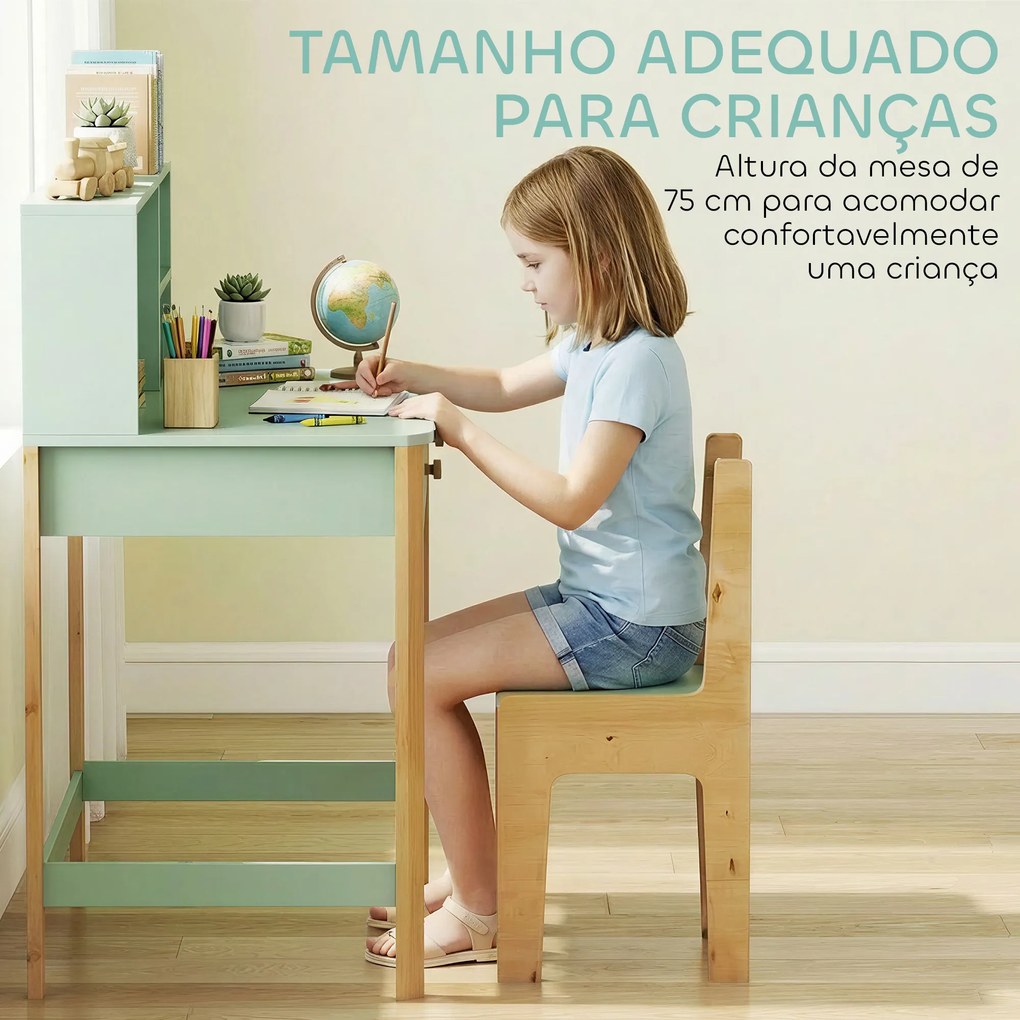 Secretária Infantil (CADEIRA NÃO INCLUIDA) Mesa de Estudo para Crianças com 3 Compartimentos Abertos e 2 Gavetões 90x52x105 cm Verde