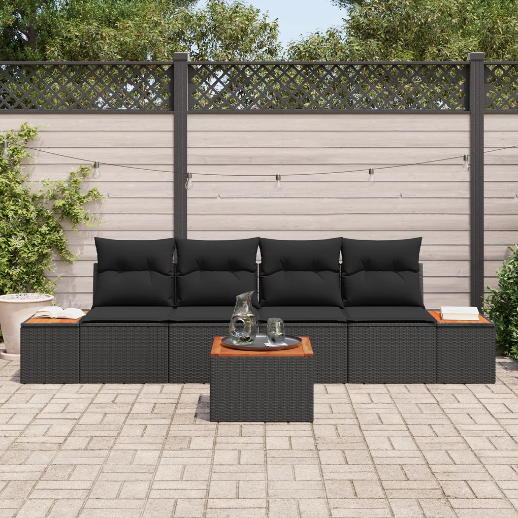 Conjunto de Sofás para Jardim de 5 Peças com Almofadas Pretas de Ratta
