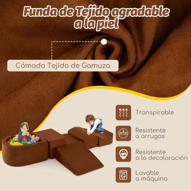 Conjunto de escalada e rampa de 5 peças para crianças Blocos de construção de esponja com piscina de bolas (NÃO INCLUIDAS) Capa lavável Criativo Cafe