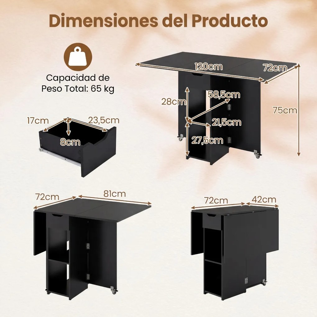 Mesa de jantar extensível 120 x 72 x 75 cm com 2 rodas; mesa de cozinha dobrável com prateleira, gaveta de 2 compartimentos e abas rebatíveis Preta