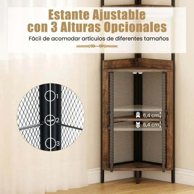 Estante de canto 32 x 32 x 170 cm com 6 níveis com portas para sala, escritório Castanho