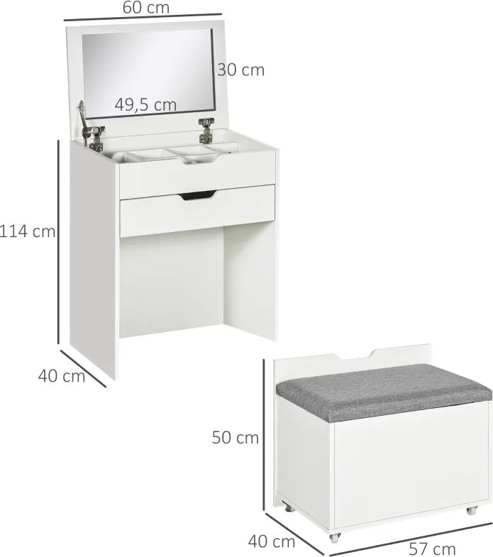 Toucador com Banco Oculto e Espelho Rebatível Mesa de Maquilhagem com Gaveta e 7 Compartimentos Banco Acolchoado Branco