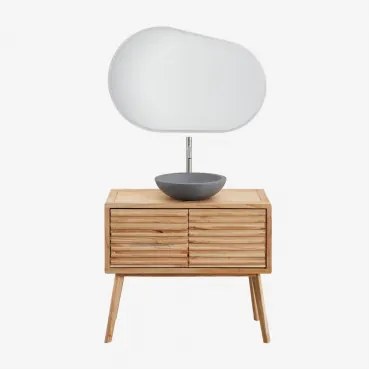 Conjunto De Móvel De Casa De Banho 90x45 Cm Em Madeira Deleyna Madeira Natural & Cimento Cinzento Redondo Ø40 Cm Tarsis & Oval - Sklum