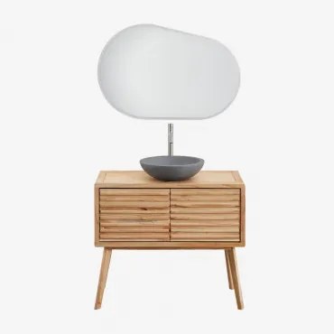 Conjunto De Móvel De Casa De Banho Em Madeira Deleyna Madeira Natural & Cimento Cinzento Redondo Ø40 Cm Tarsis & Oval Led E - Sklum