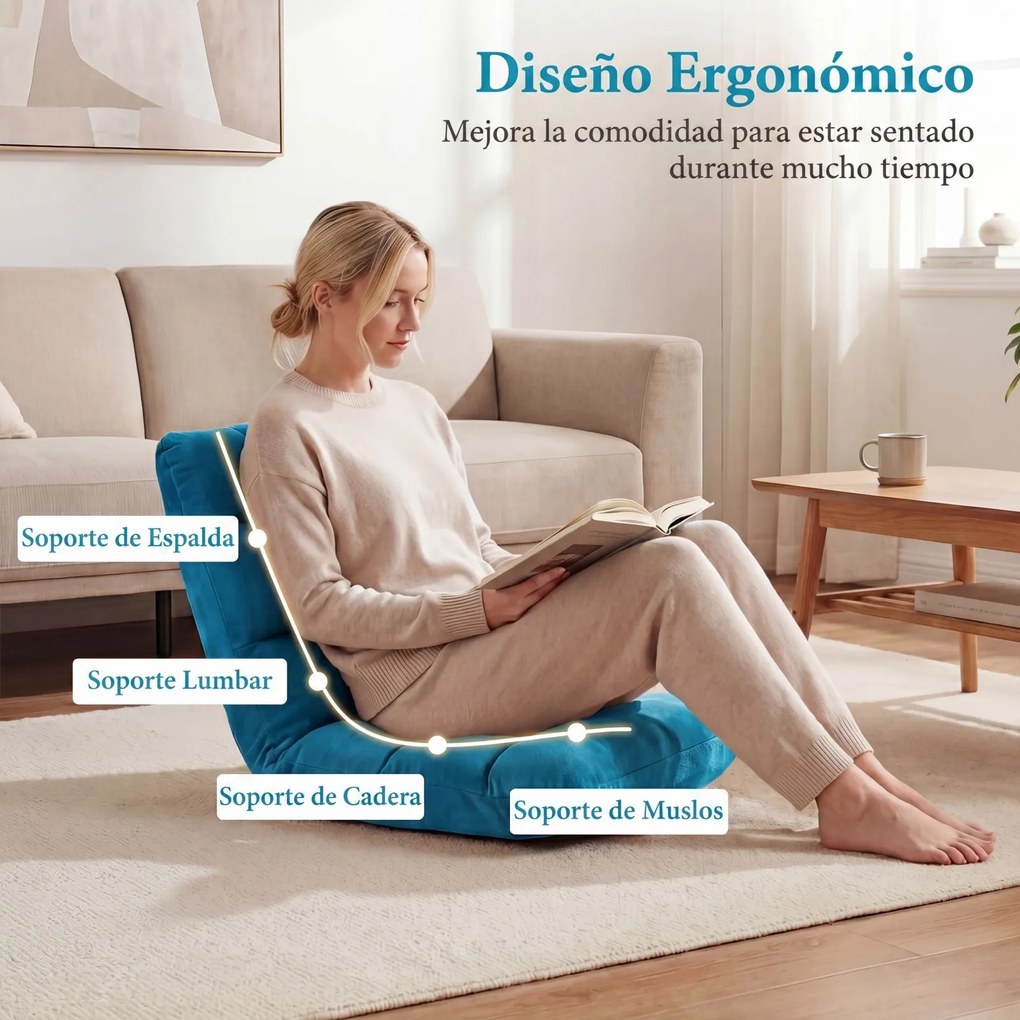 Sofá de Chão Dobrável, 98 x 49 x 13 cm, Encosto Ajustável em 14 Posições, Azul