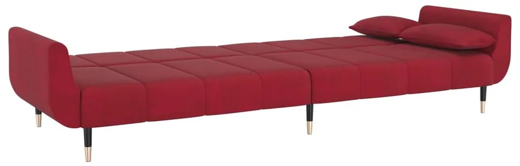 Sofá-cama 2 lugares com duas almofadas veludo vermelho tinto