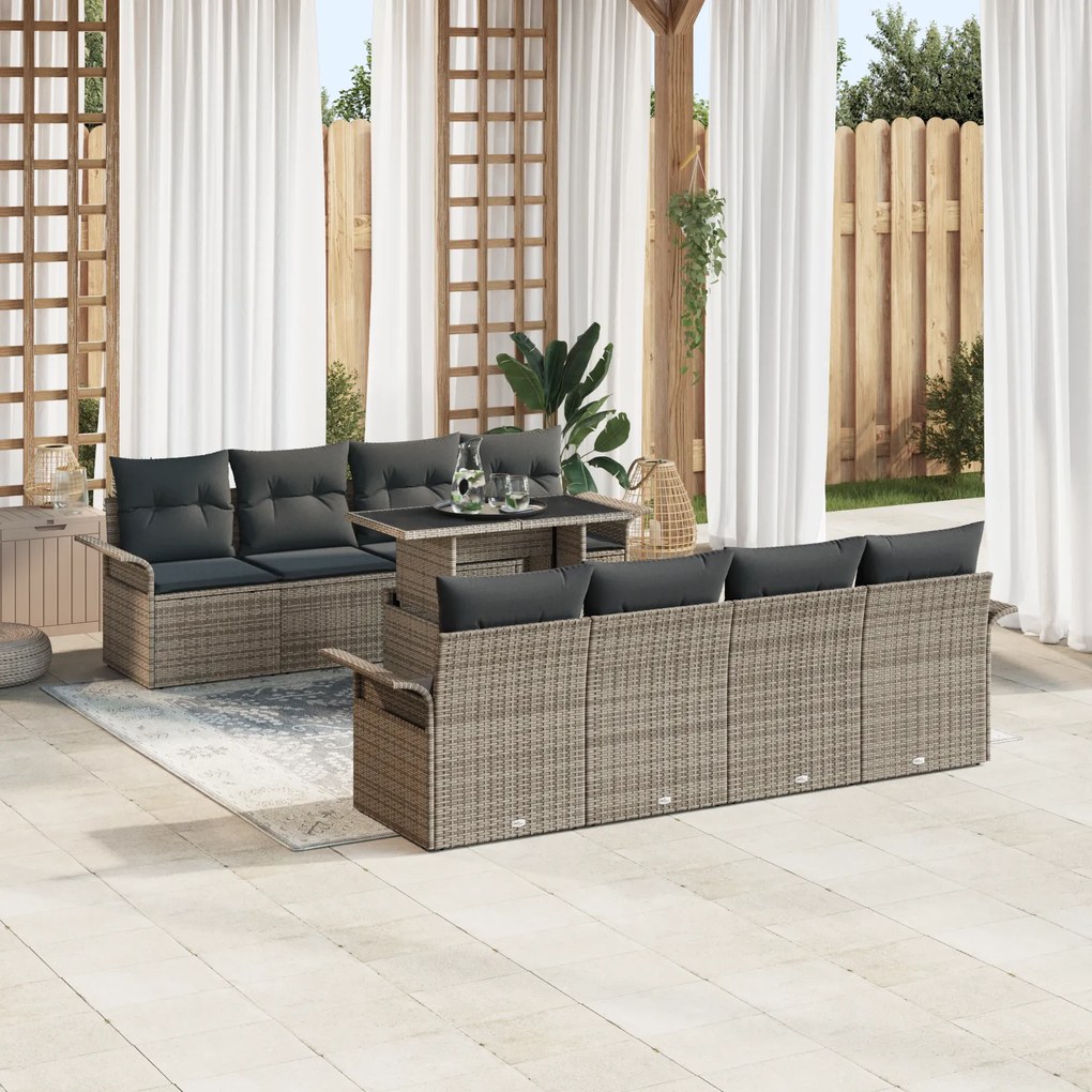 Conjunto de Sofá de Jardim de 9 Peças com Almofadas Cinza Polirattan