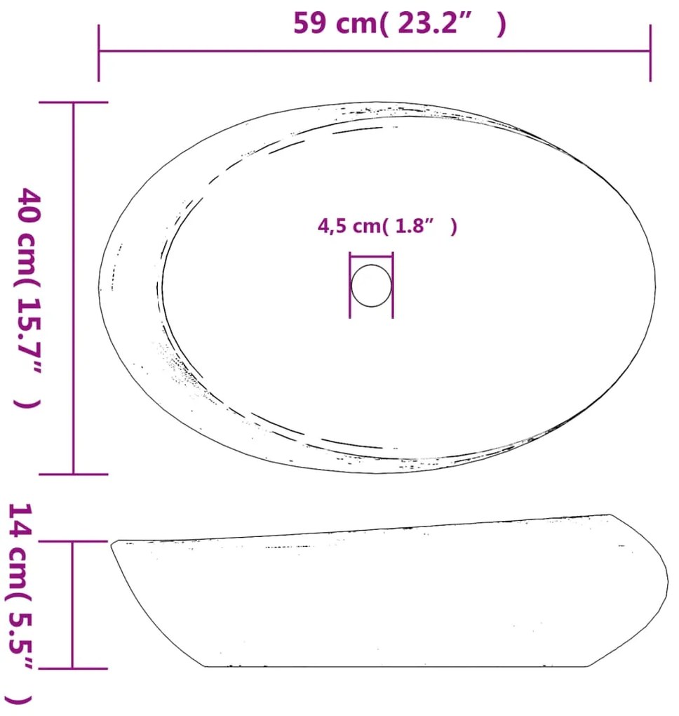 Lavatório de bancada oval 59x40x14 cm cerâmica roxo e cinza