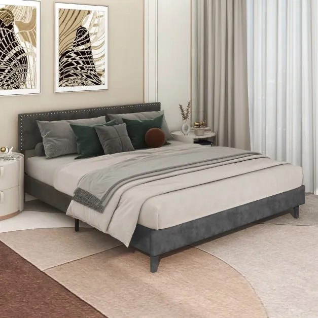 Estrutura Cama 200 x 180 cm em madeira estofada (Sem colchão), estrutura moderna com cabeceira acolchoada, botões para colchão, fácil montagem, cinza