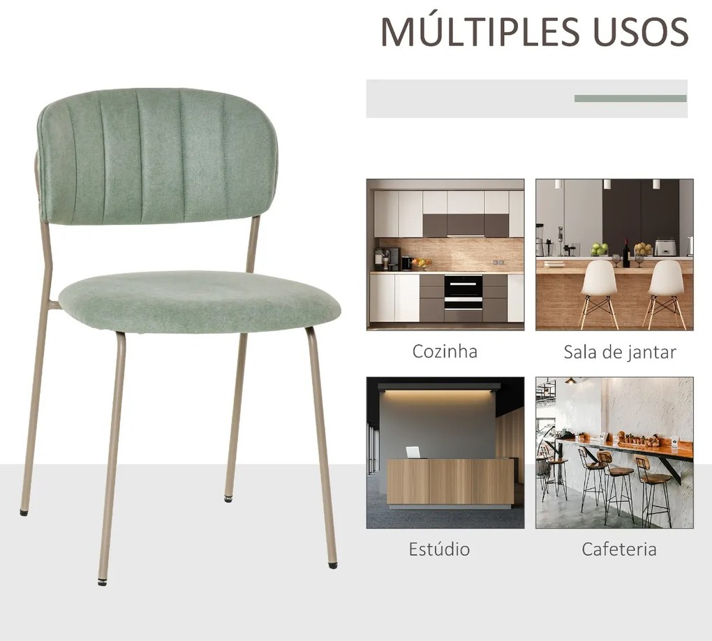 Conjunto de 4 Cadeiras de Sala de Jantar Empilháveis com Pés de Metal Estilo Moderno Nórdico para Cozinha Bar Restaurante Carga Máx. 100kg 49,5x55x81cm Verde