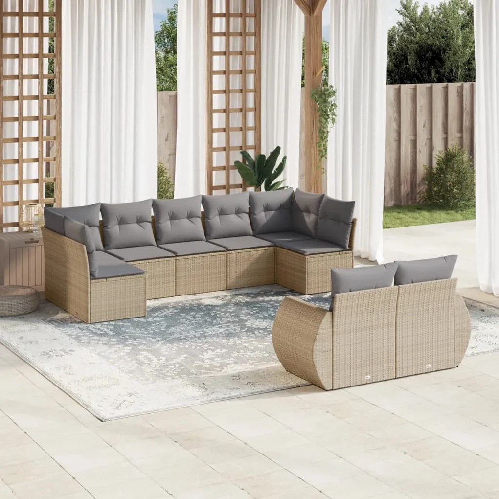 9 pcs conjunto de sofás p/ jardim com almofadões vime PE bege