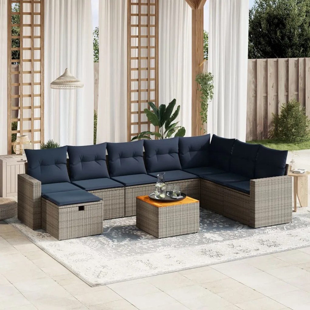 vidaXL 9 pcs conjunto sofás p/ jardim c/ almofadões vime PE cinzento