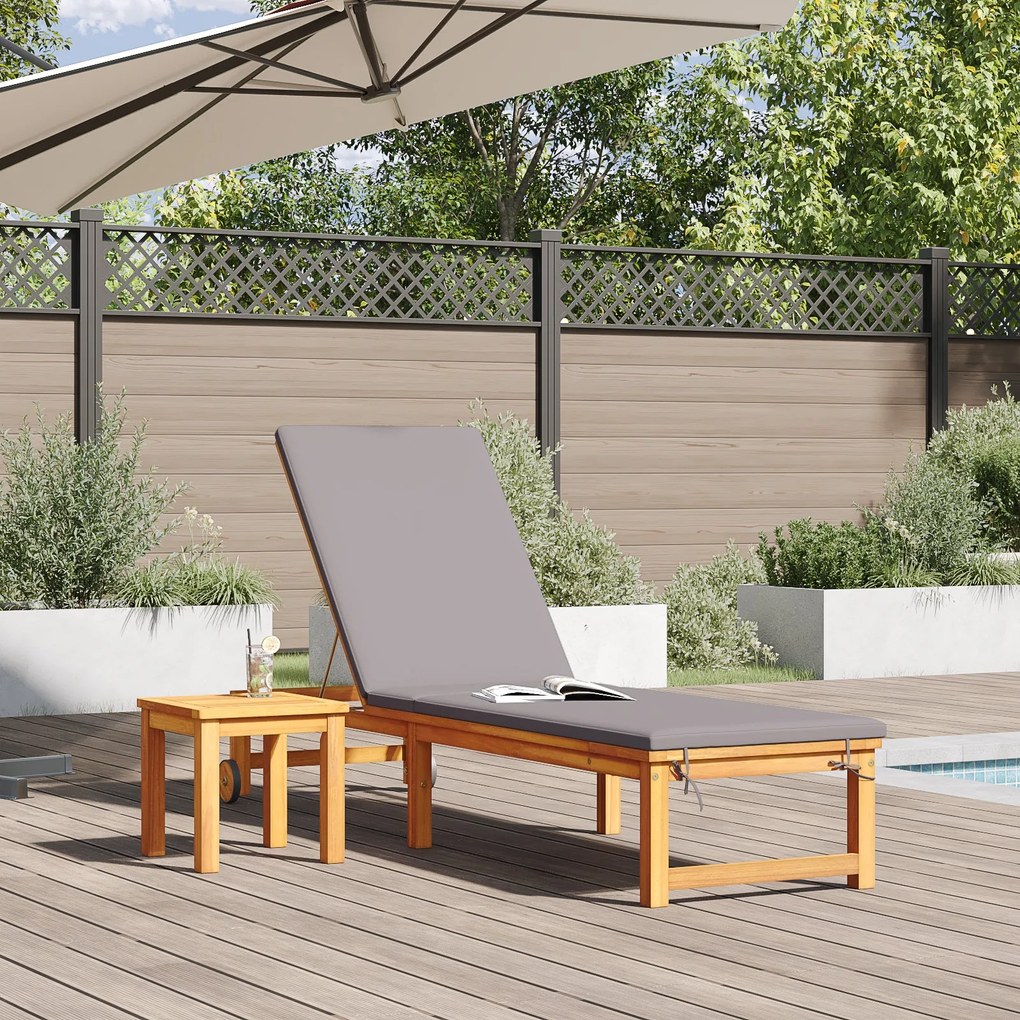 Espreguiçadeira com almofadas cinza claro de madeira sólida de acácia