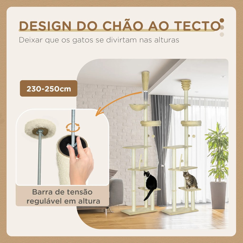 Arranhador para Gatos do Solo ao Teto de 230-250 cm  com Altura Ajustável Múltiplas Plataformas Rede Bolas Suspensas Bege