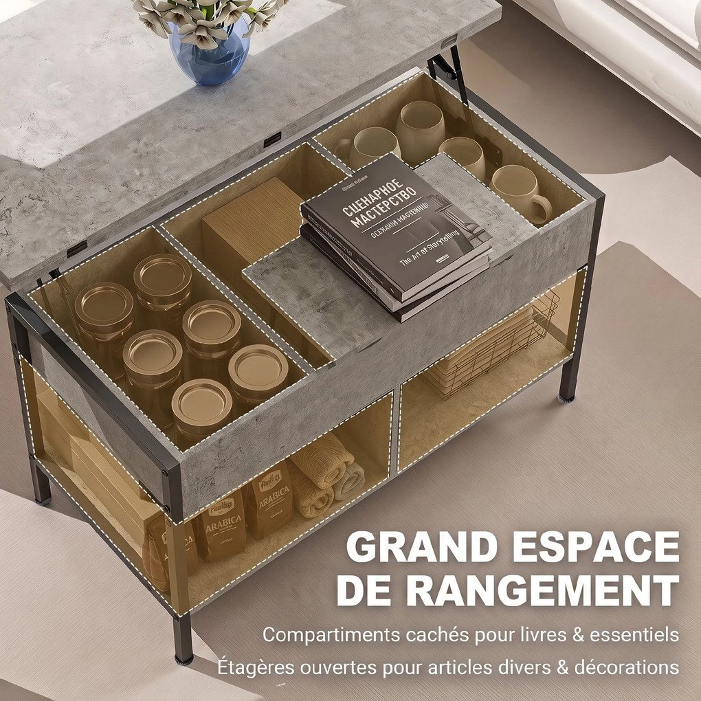 Mesa de centro elevável e extensível 98 x 49 x 55 cm,, com compartimento oculto e prateleiras abertas, cinzenta