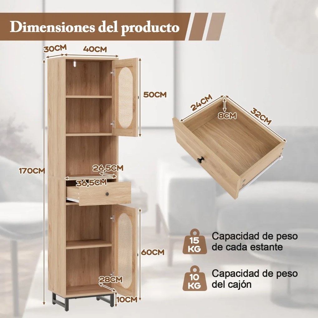 Armário estreito 170 cm de altura de rattan com portas, estantes e gavetas para sala de estar e jantar Natural