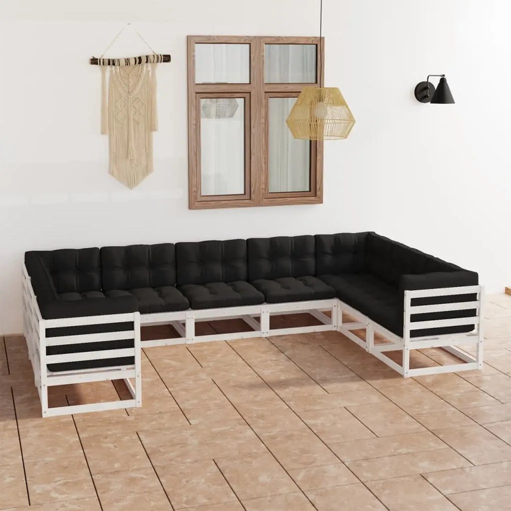 vidaXL 9 pcs conj. lounge de jardim c/ almofadões pinho maciço branco