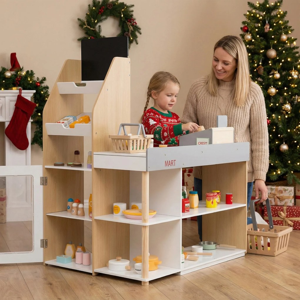 Conjunto de Loja Infantil com Carrinho de Compras e Caixa Registadora, 90 x 62,5 x 110,5 cm, Estrutura de Madeira, Natural