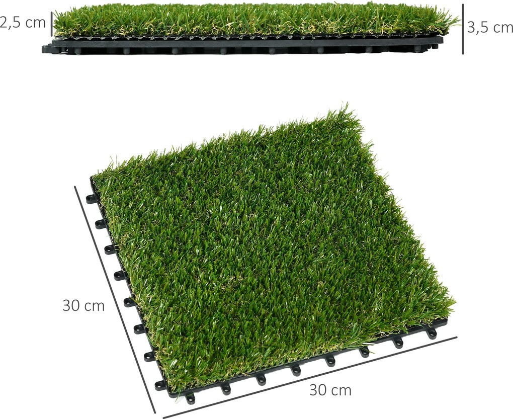 Conjunto de 10 placas quadradas de 30 x 30 cm Relva sintética artificial espessura «Conforto» de 3,5 cm, encaixáveis, verde