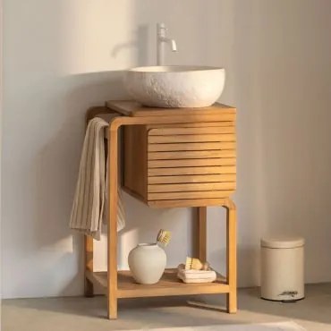 Conjunto De Móvel De Casa De Banho Em Madeira De Teca Bradley Irregular Em Cimento Branco ??40 Cm Fedro & Sem Espelho & Branco ?30 Cm Com - Sklum