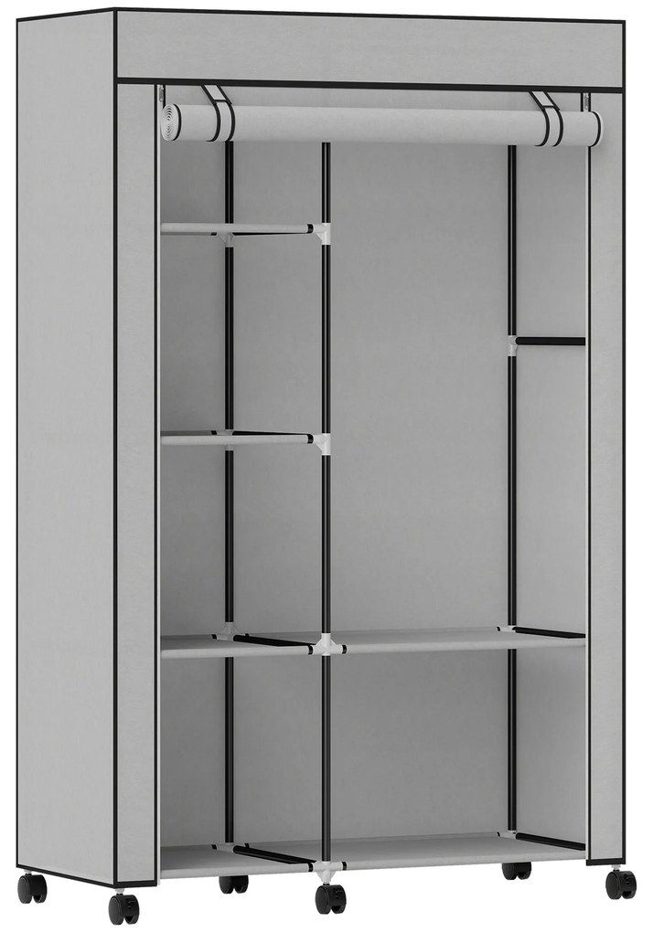 HOMCOM Roupeiro de Tecido Dobrável com 6 Prateleiras 1 Barra de Pendurar e Rodas para Dormitório Vestidor 103x43x162,5 cm Cinza | Aosom Portugal