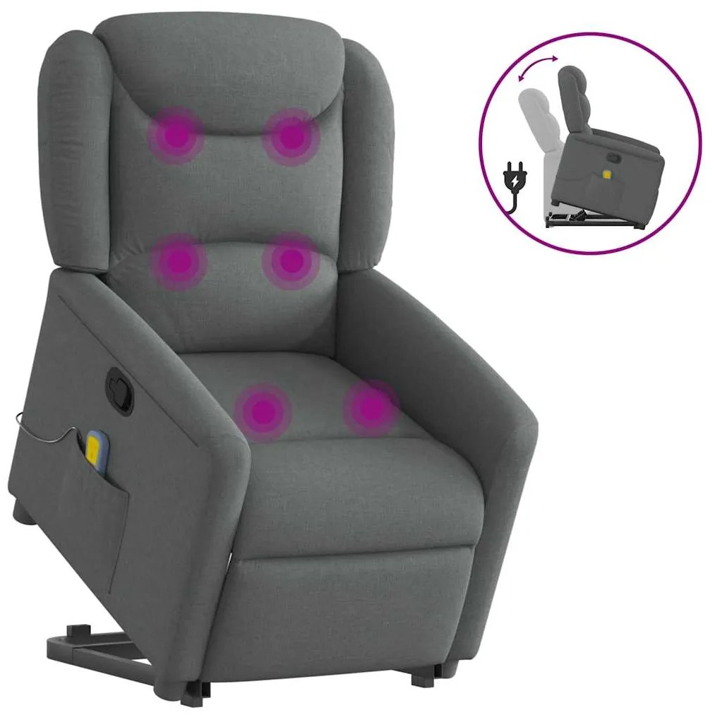 vidaXL Poltrona elevatória de massagens tecido cinzento-escuro