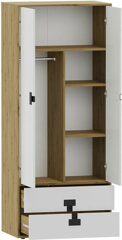 Roupeiro Florevi 113, Mate branco, Carvalho Artisan, 191x80x50cm, 75.2 kg, Portas para roupeiro: Com dobradiças, Número de prateleiras: 3, Número de prateleiras: 3