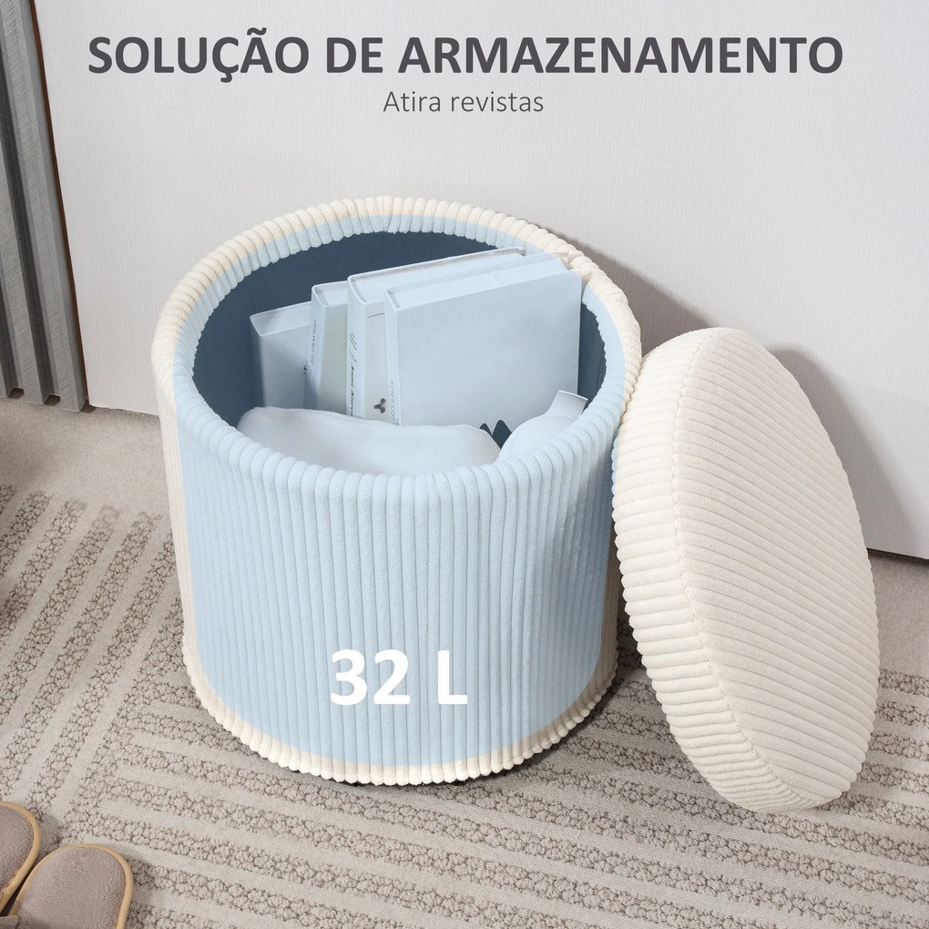 Puff de Arrumação Baú de Arrumação Redondo Estofado em Veludo Cotelê Tampa Removível Ø40x41 cm Creme