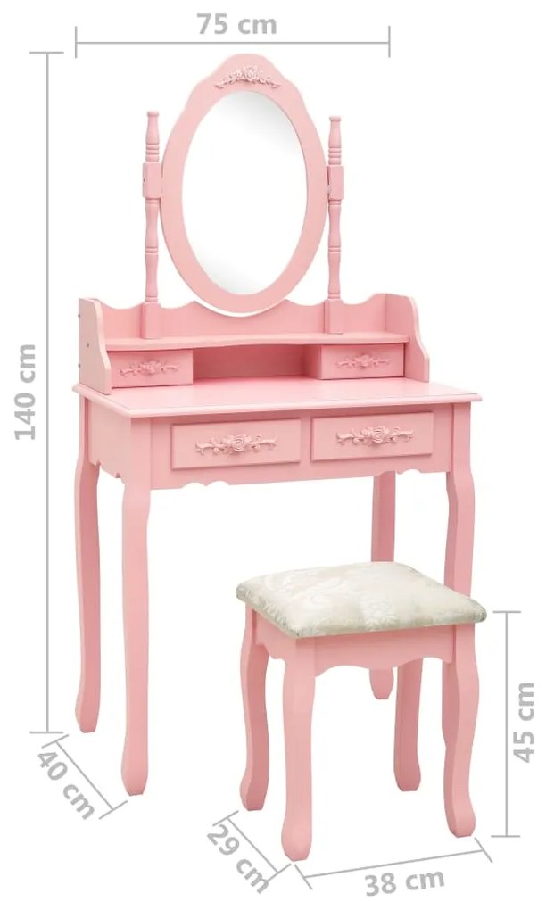 Conj. toucador com banco 75x69x140 cm madeira paulownia rosa