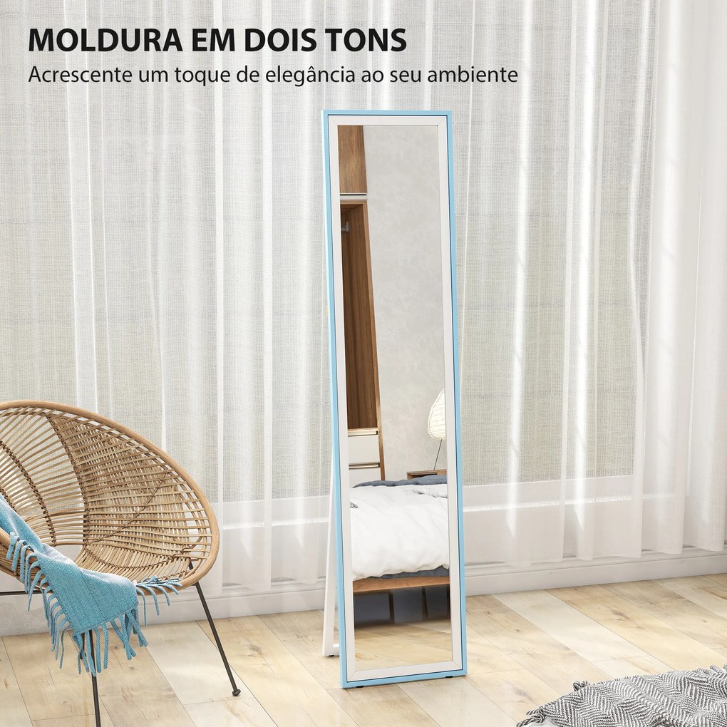 Espelho de Pé 157x37 cm com Moldura em MDF Espelho de Parede Retangular com 2 Formas de Utilização Branco e Azul