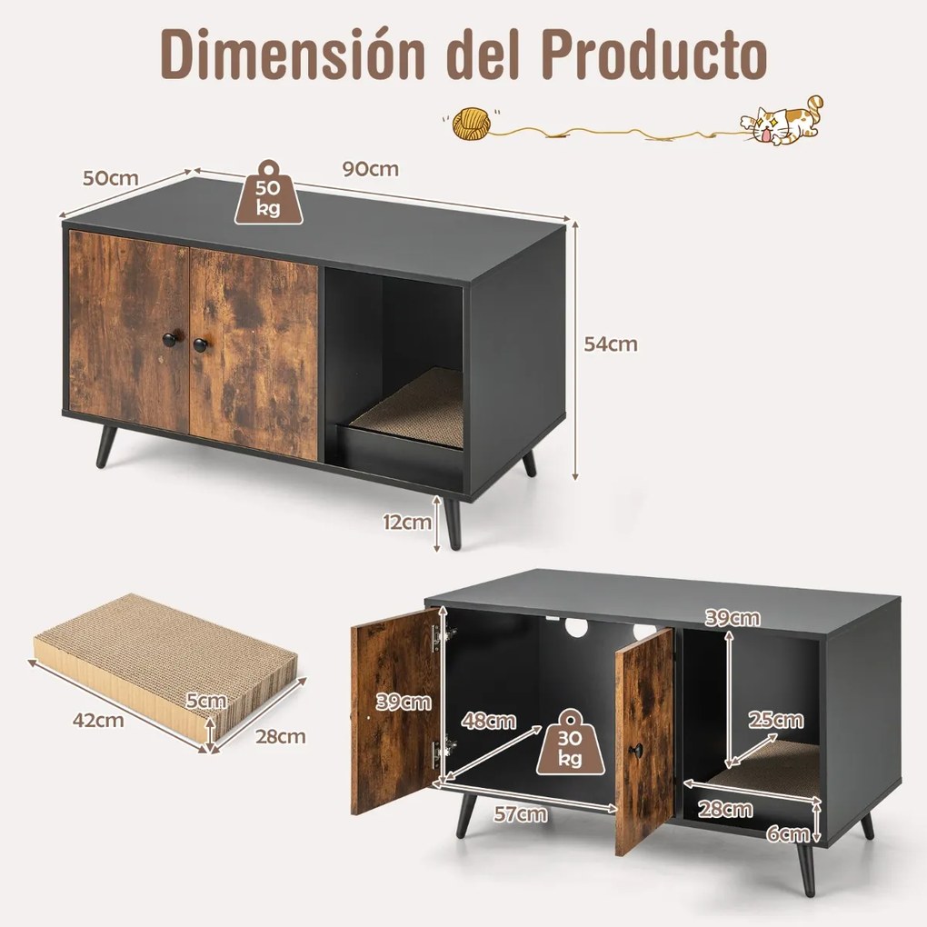 Armario Caixa de areia para gatos com portas, Estante aberta e poste para arranhar gatos 90 x 50 x 54 cm Preto e Castanho