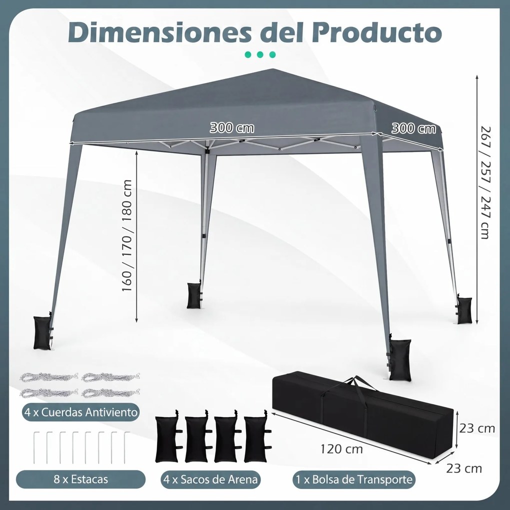 Tenda de Jardim Dobrável, 300 x 300 x 247-267 cm, Altura Regulável com 4 sacos pesos, Cinzento
