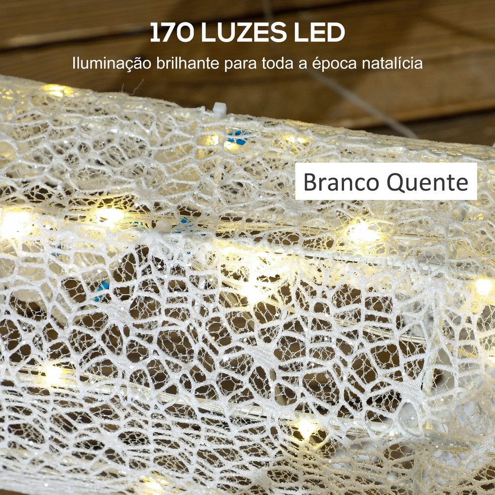Rena com Trenó Luminoso Decoração de Natal com 170 LED Branco Quente Iluminação Natalícia 50x29x42 cm Multicor
