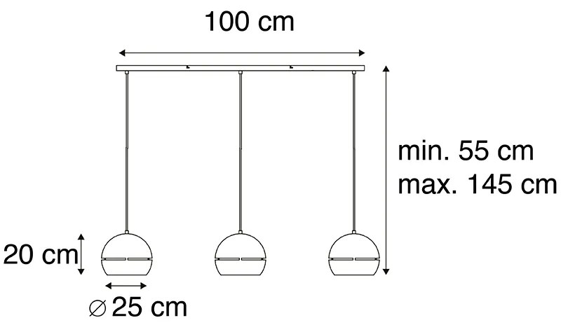 Candeeiro de suspensão design preto com interior dourado 3-luzes - Buell Industrial