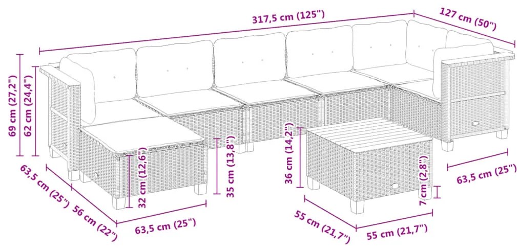 8 pcs conjunto sofás de jardim com almofadões vime PE preto